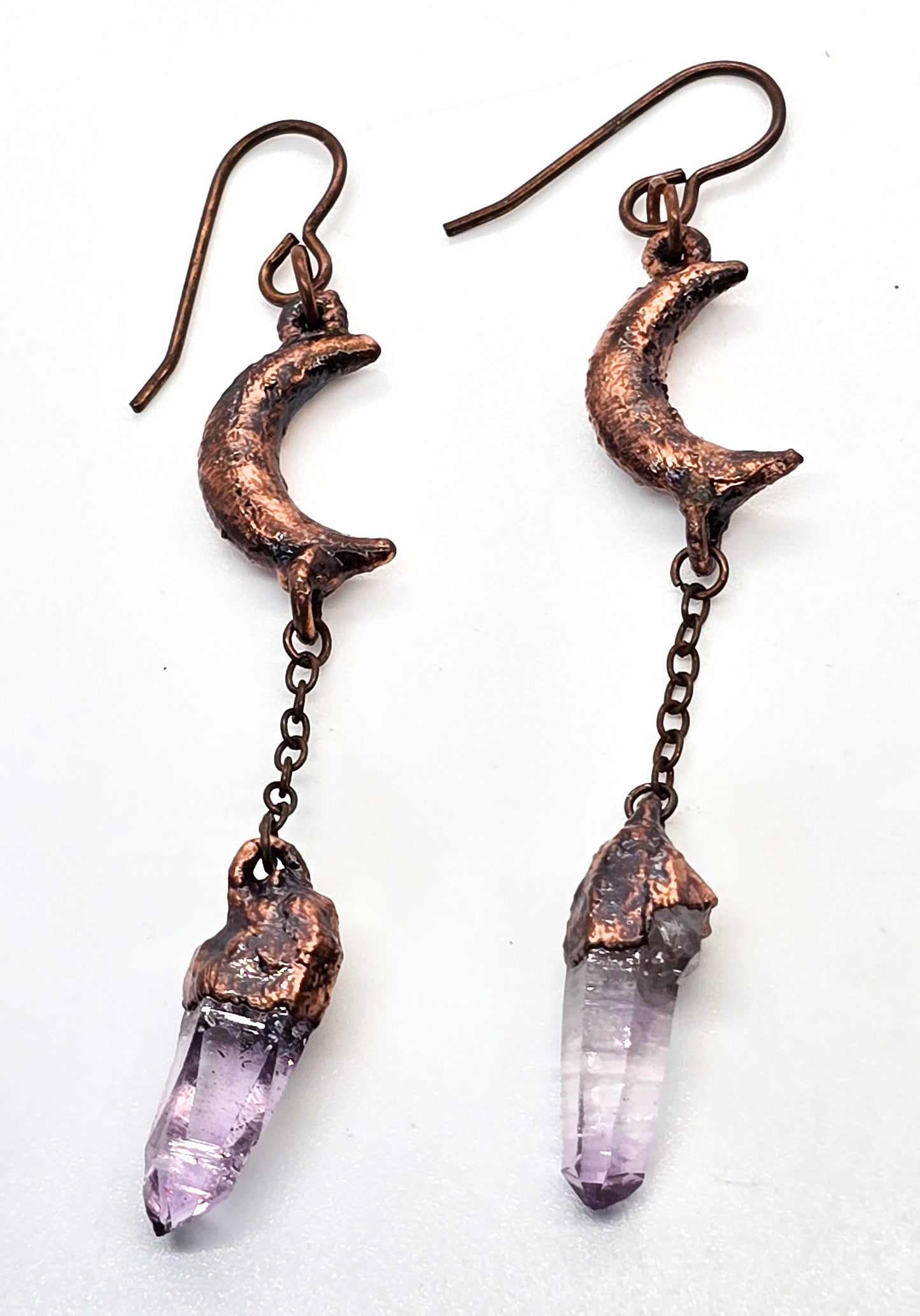 Electroformed Celestial Crescent Moon and terminated amethyst drop earrings