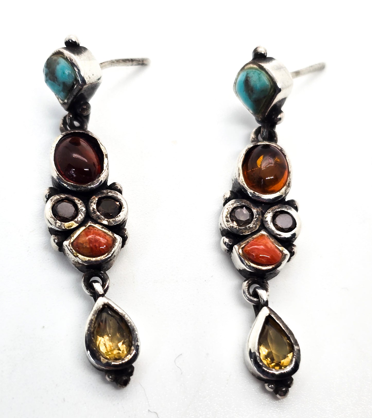 Barse gemstone drop sterling silver earrings turquoise amber smokey quartz citrine coral