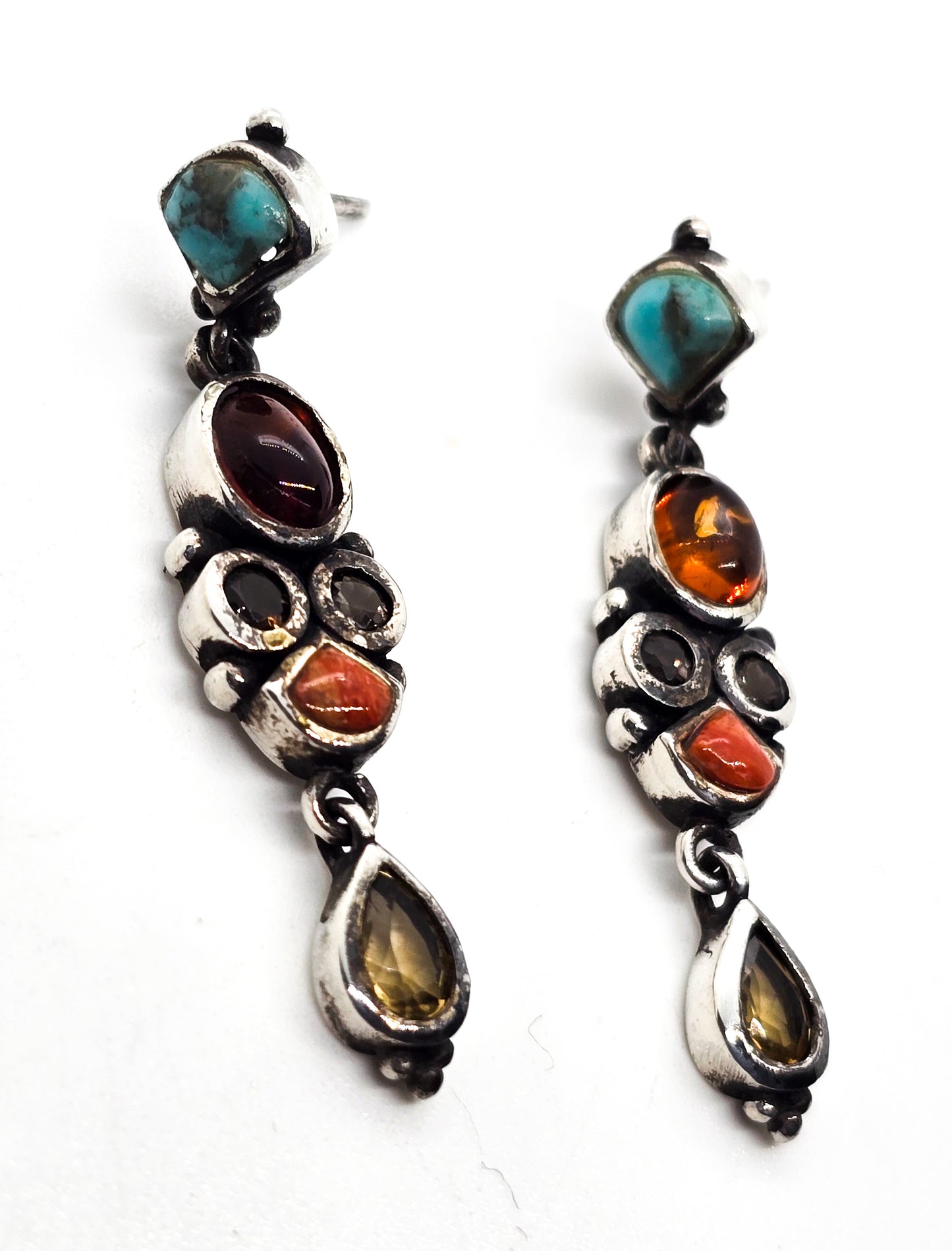 Barse gemstone drop sterling silver earrings turquoise amber smokey quartz citrine coral