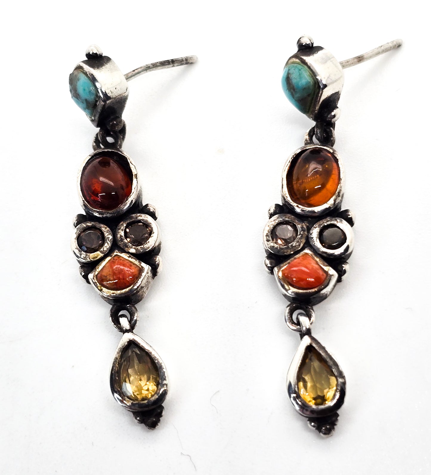 Barse gemstone drop sterling silver earrings turquoise amber smokey quartz citrine coral