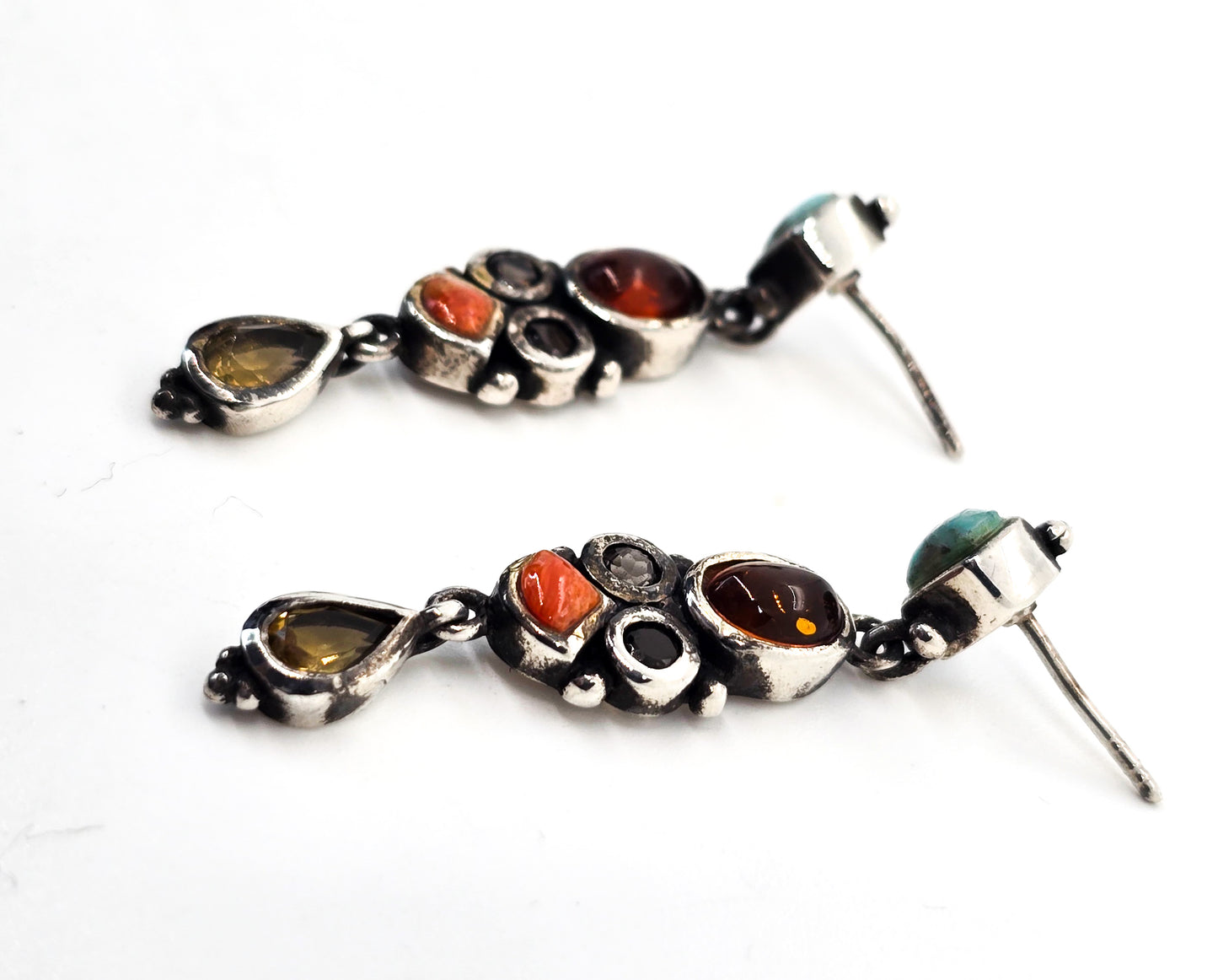 Barse gemstone drop sterling silver earrings turquoise amber smokey quartz citrine coral