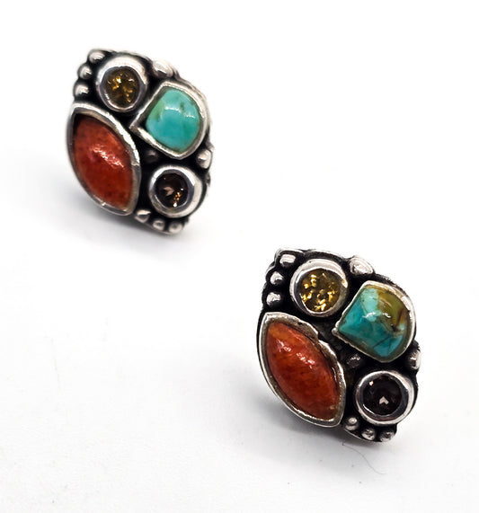 Barse multi gemstone sterling silver stud earrings turquoise smokey quartz citrine coral