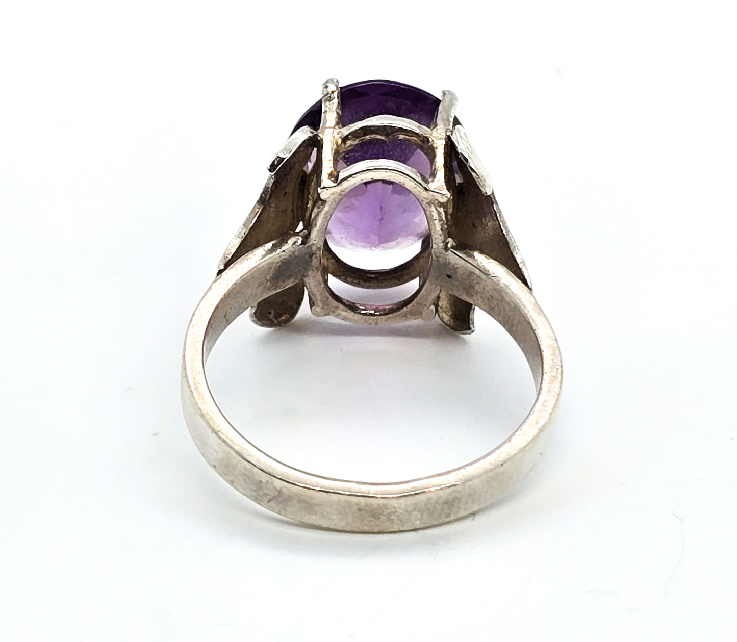 Modernist Amethyst 6ct faceted oval cut Mexican vintage sterling silver ring size 8.5