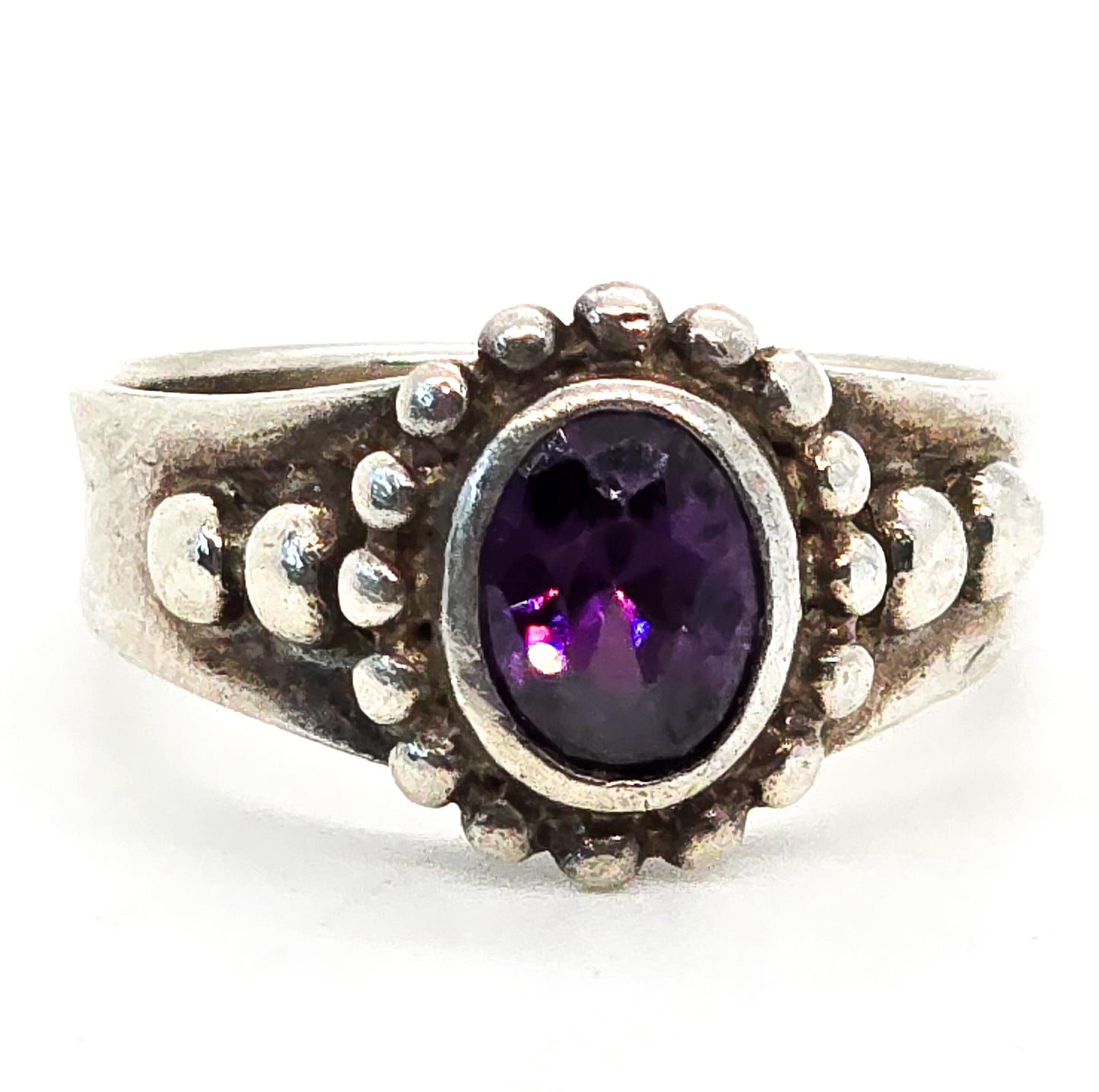 Amethyst sparkling purple tribal thick sterling silver vintage ring size 8.5 MD