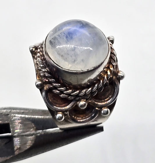 Blue Flash Moonstone large thick tribal Balinese vintage sterling silver ring size 6