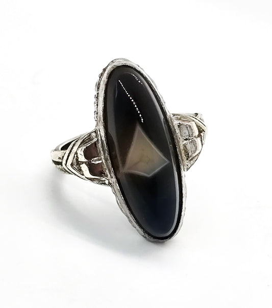 Clark and Coombs Banded Botswana Agate Art Deco antique sterling silver ring size 6