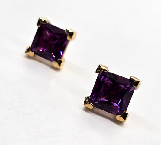 Synthetic Alexandrite 2ct purple pink gold over sterling silver princess cut earrings