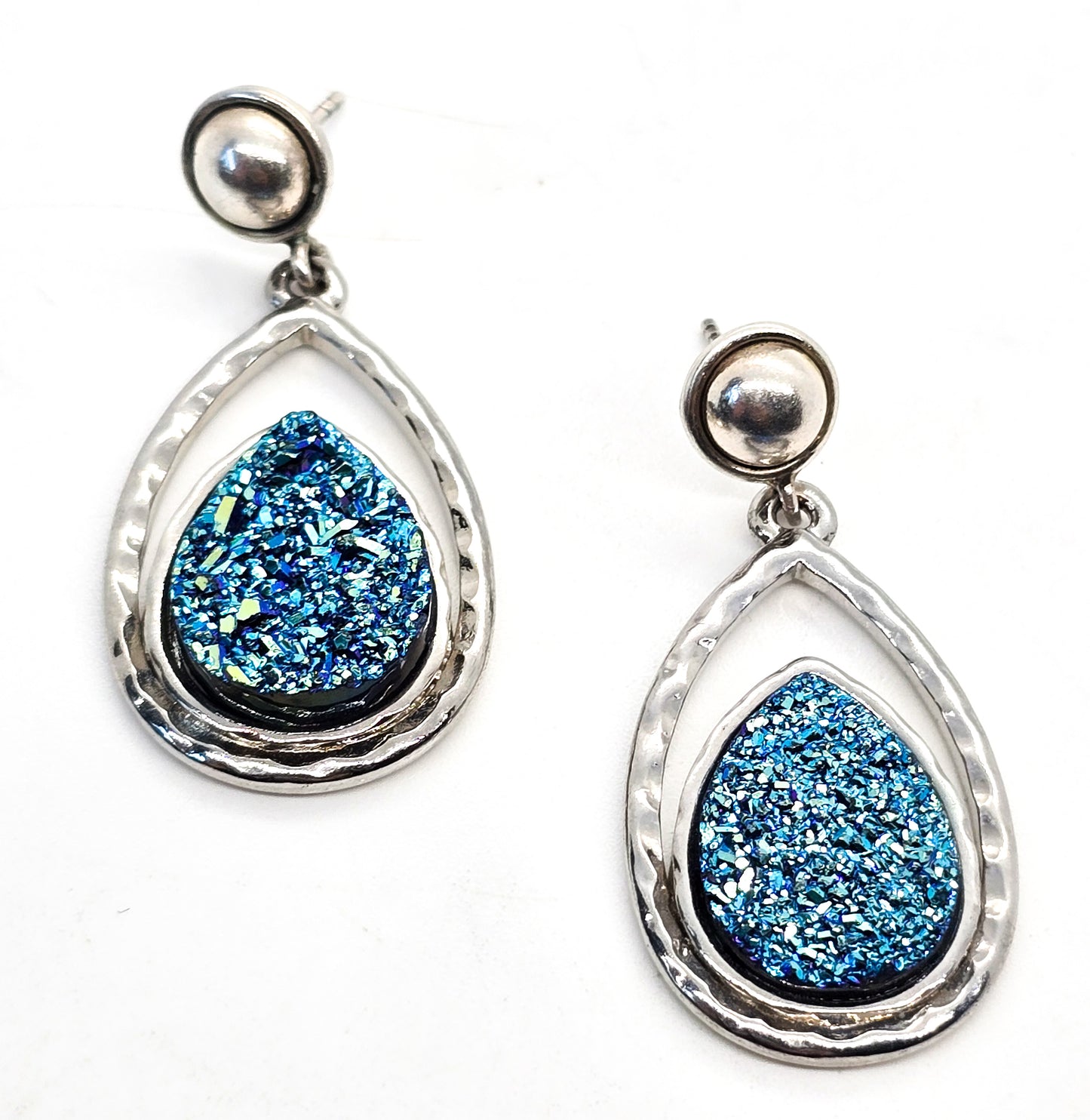 Blue Titanium Druzy Quartz large sterling silver tear drop signed earrings