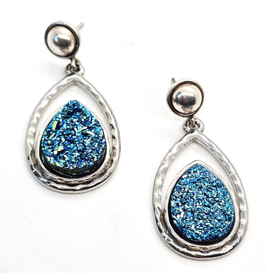 Blue Titanium Druzy Quartz large sterling silver tear drop signed earrings