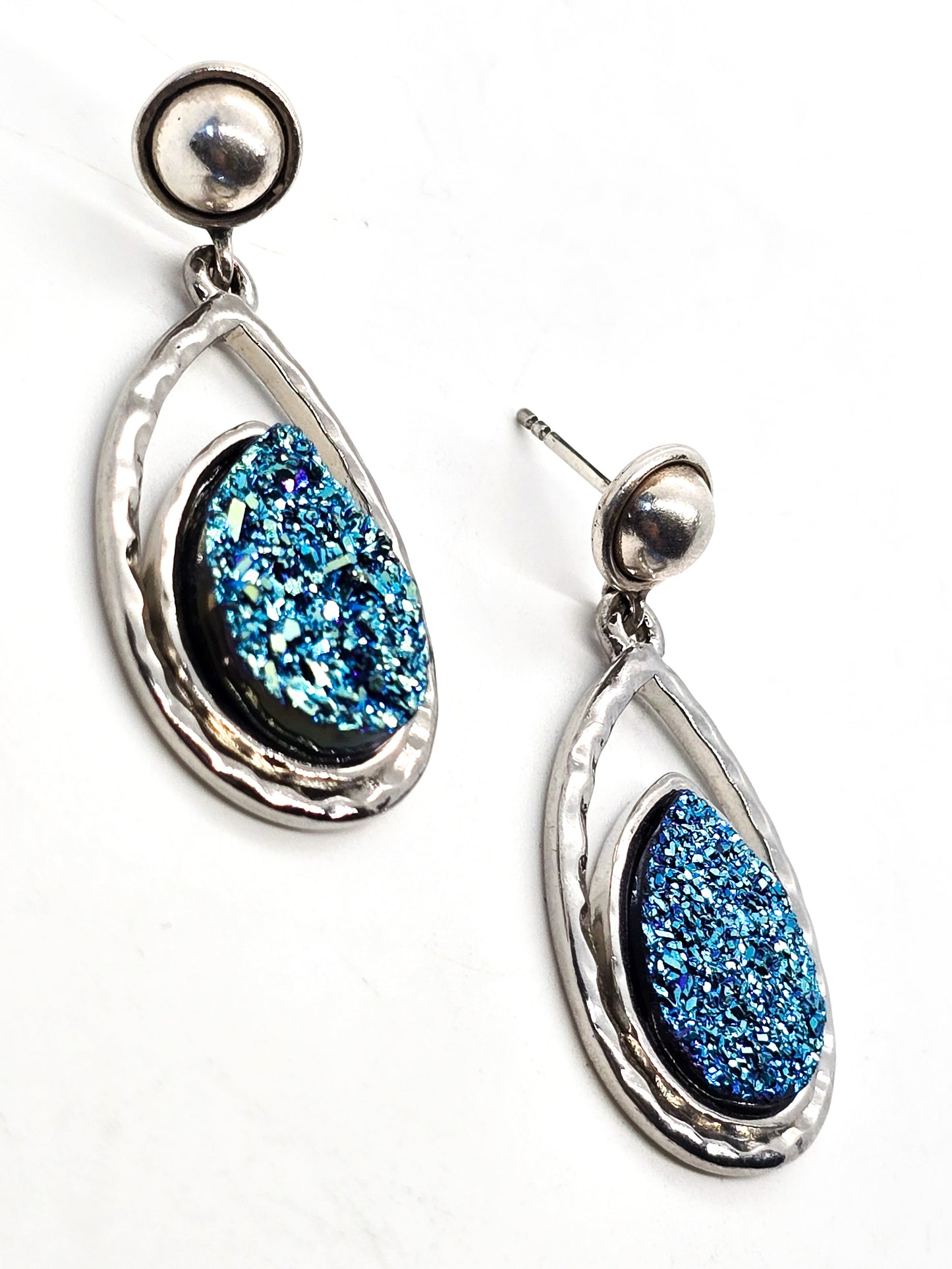 Blue Titanium Druzy Quartz large sterling silver tear drop signed earrings