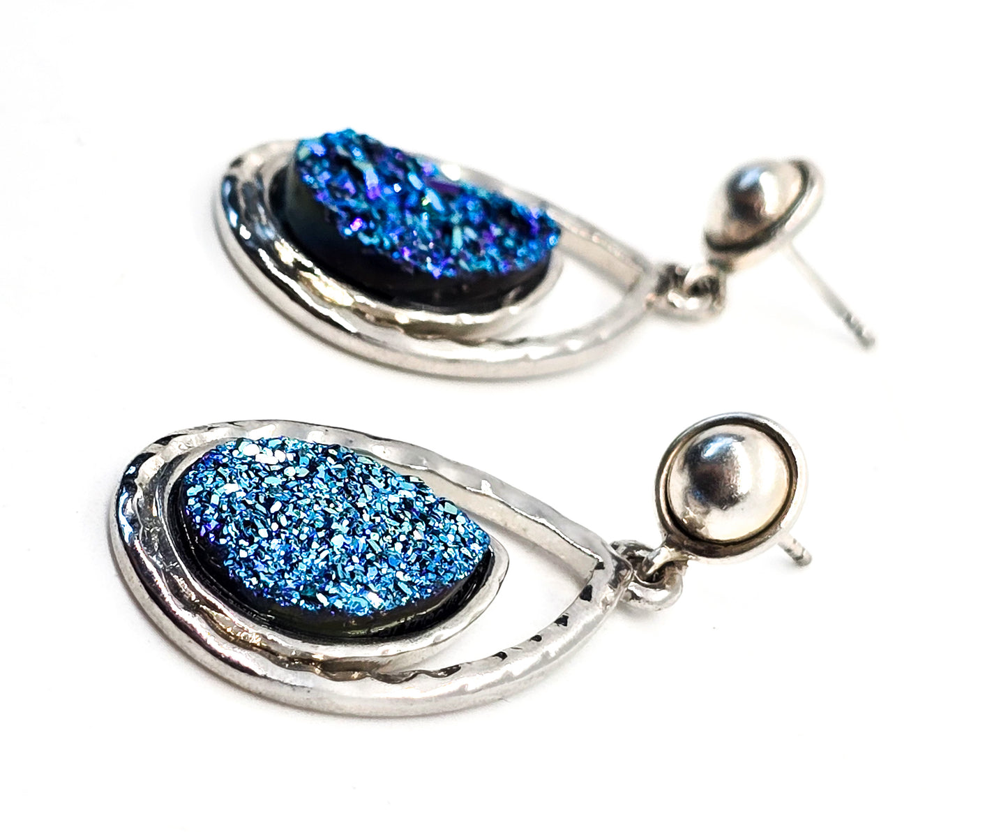 Blue Titanium Druzy Quartz large sterling silver tear drop signed earrings