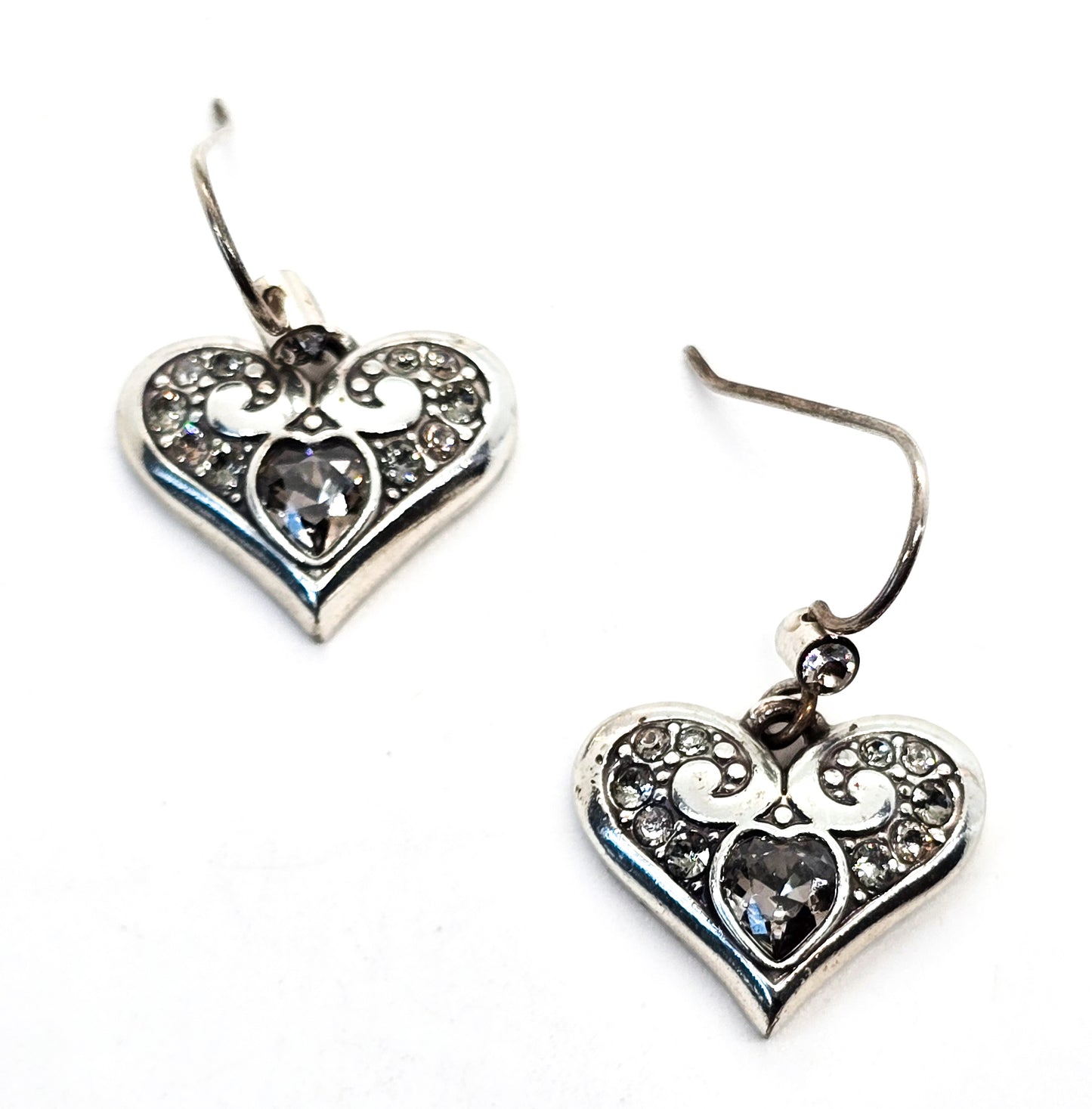 Heart Rhinestone drop silver plated scroll earrings