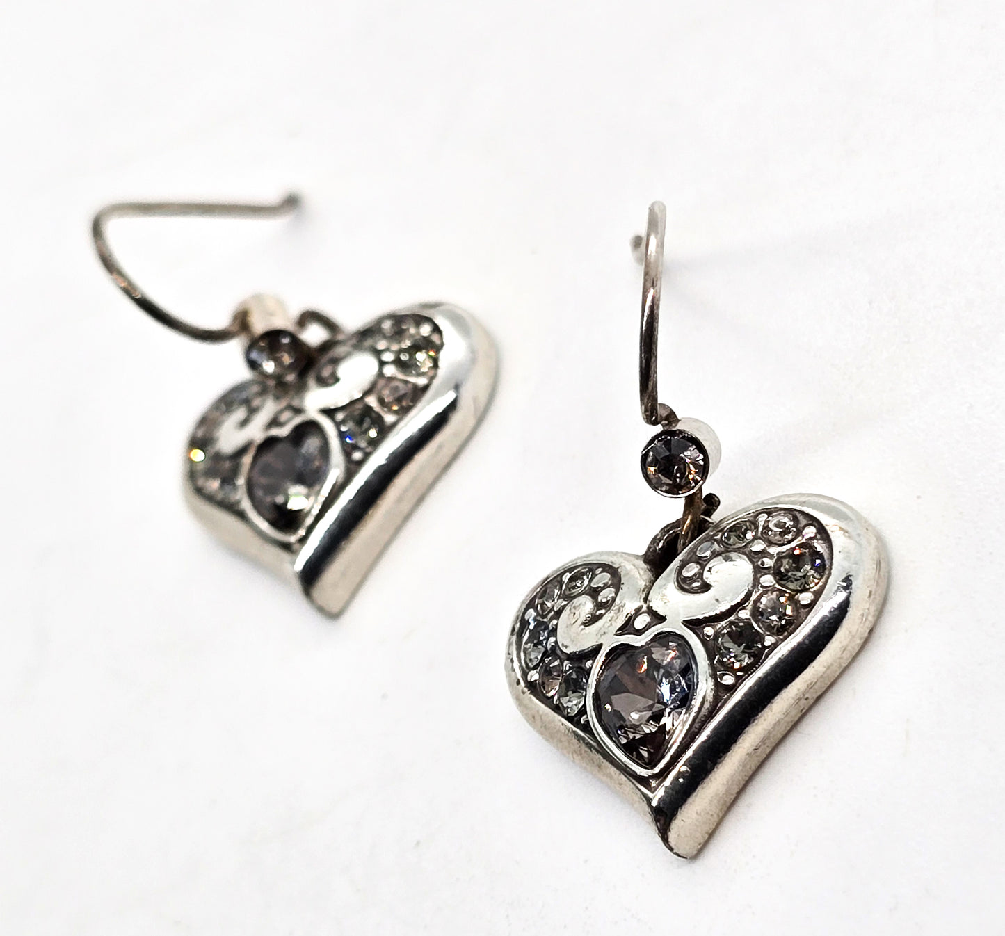 Heart Rhinestone drop silver plated scroll earrings