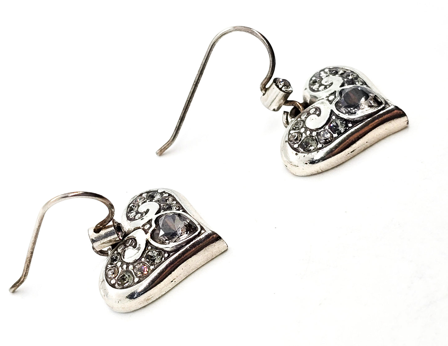 Heart Rhinestone drop silver plated scroll earrings