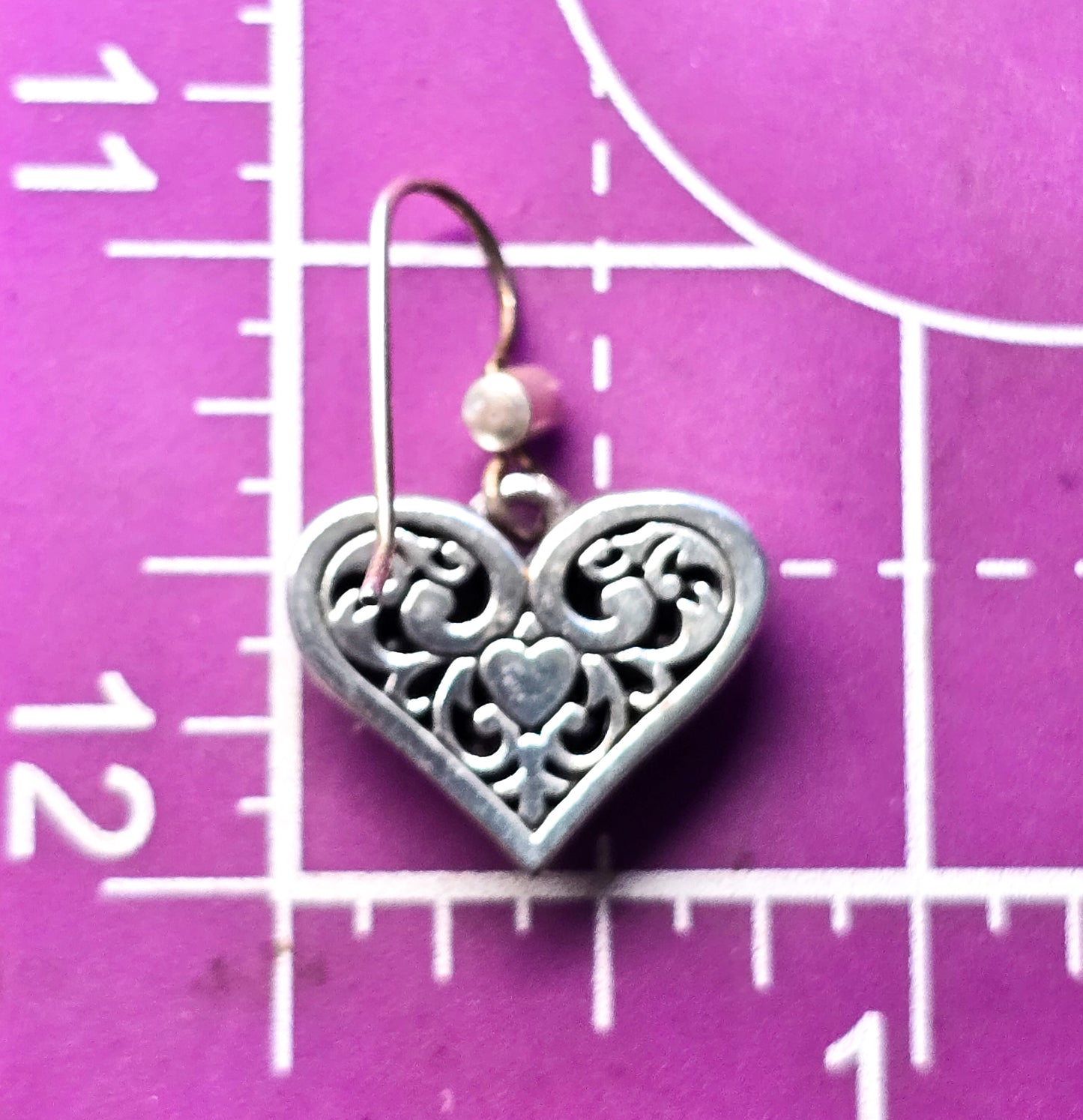 Heart Rhinestone drop silver plated scroll earrings