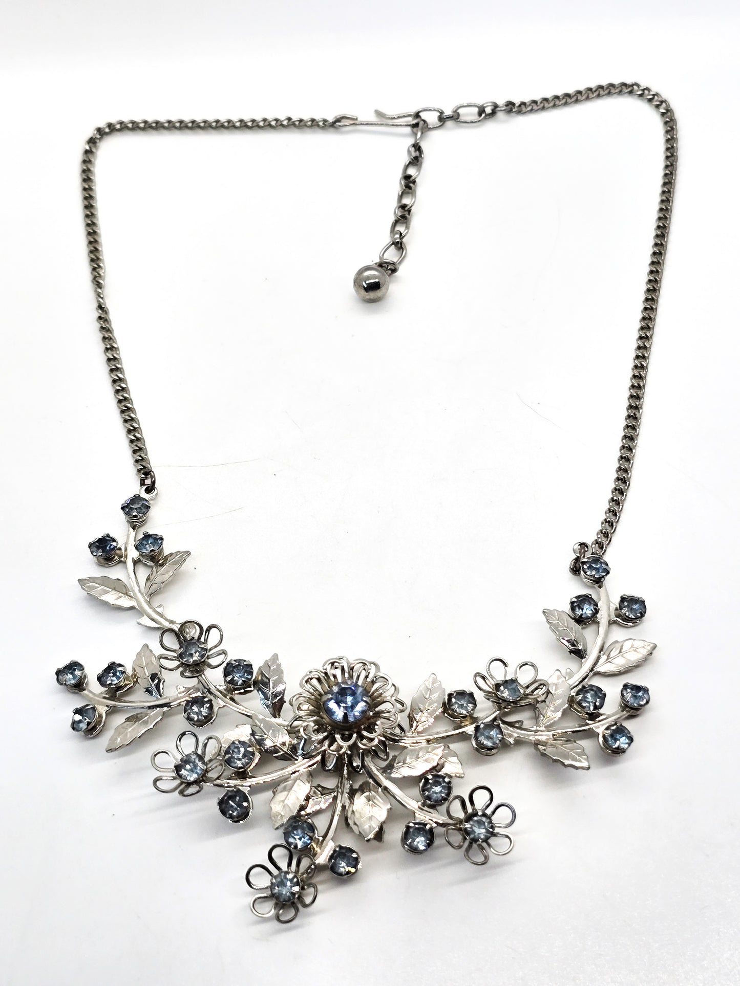 Light blue flower vintage mid century rhinestone spray statement necklace