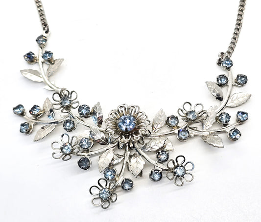 Light blue flower vintage mid century rhinestone spray statement necklace