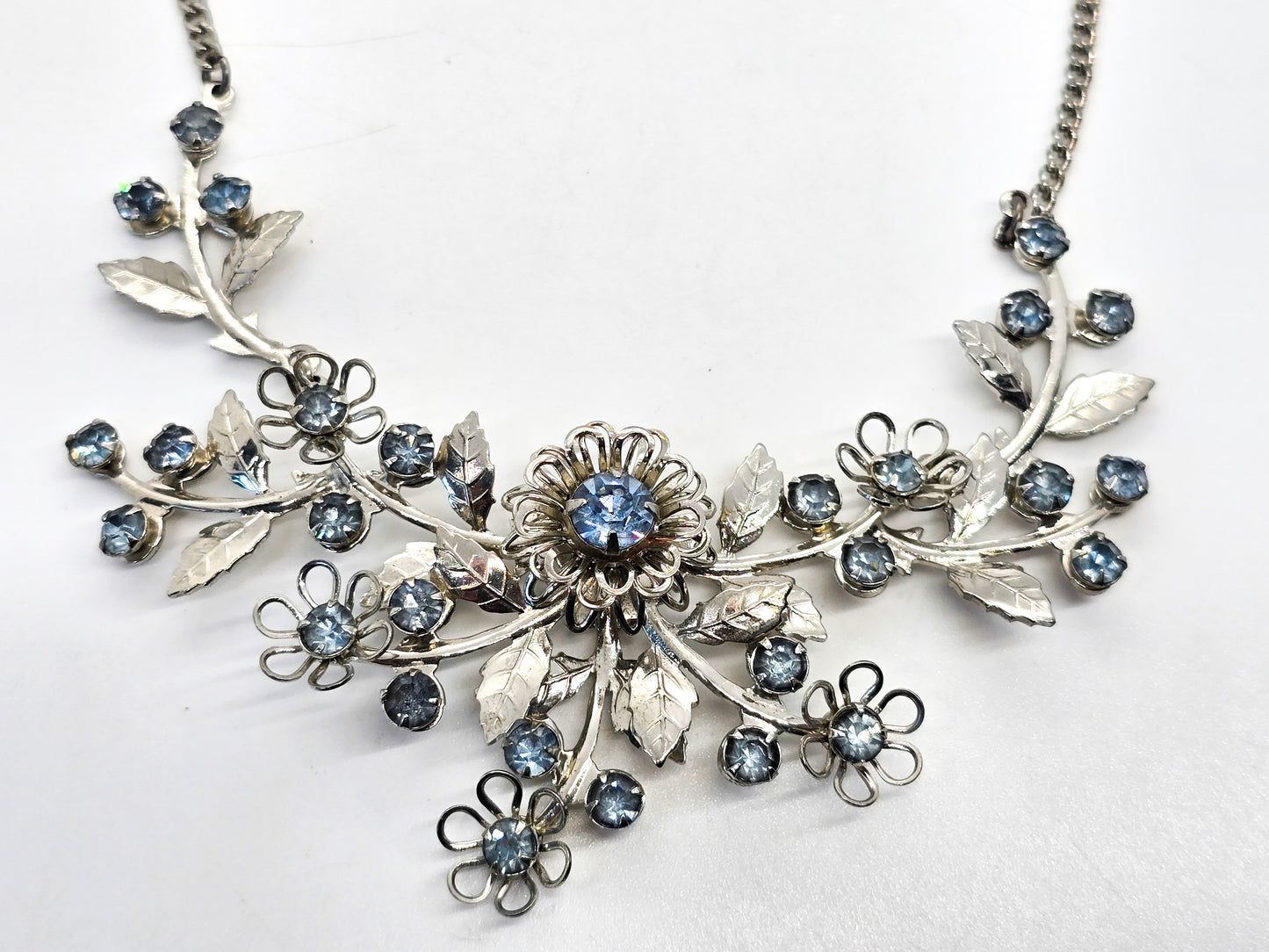 Light blue flower vintage mid century rhinestone spray statement necklace