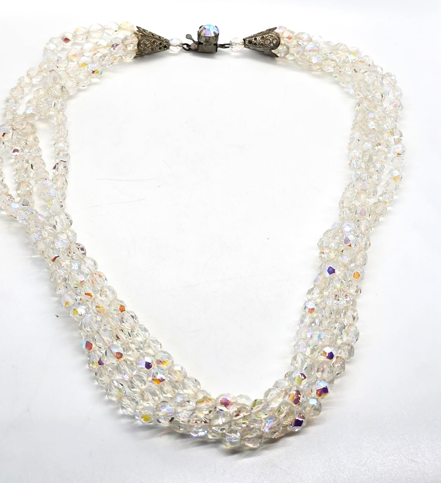 Austrian Crystal 4 strand twisted Aurora borealis rhinestone vintage necklace.