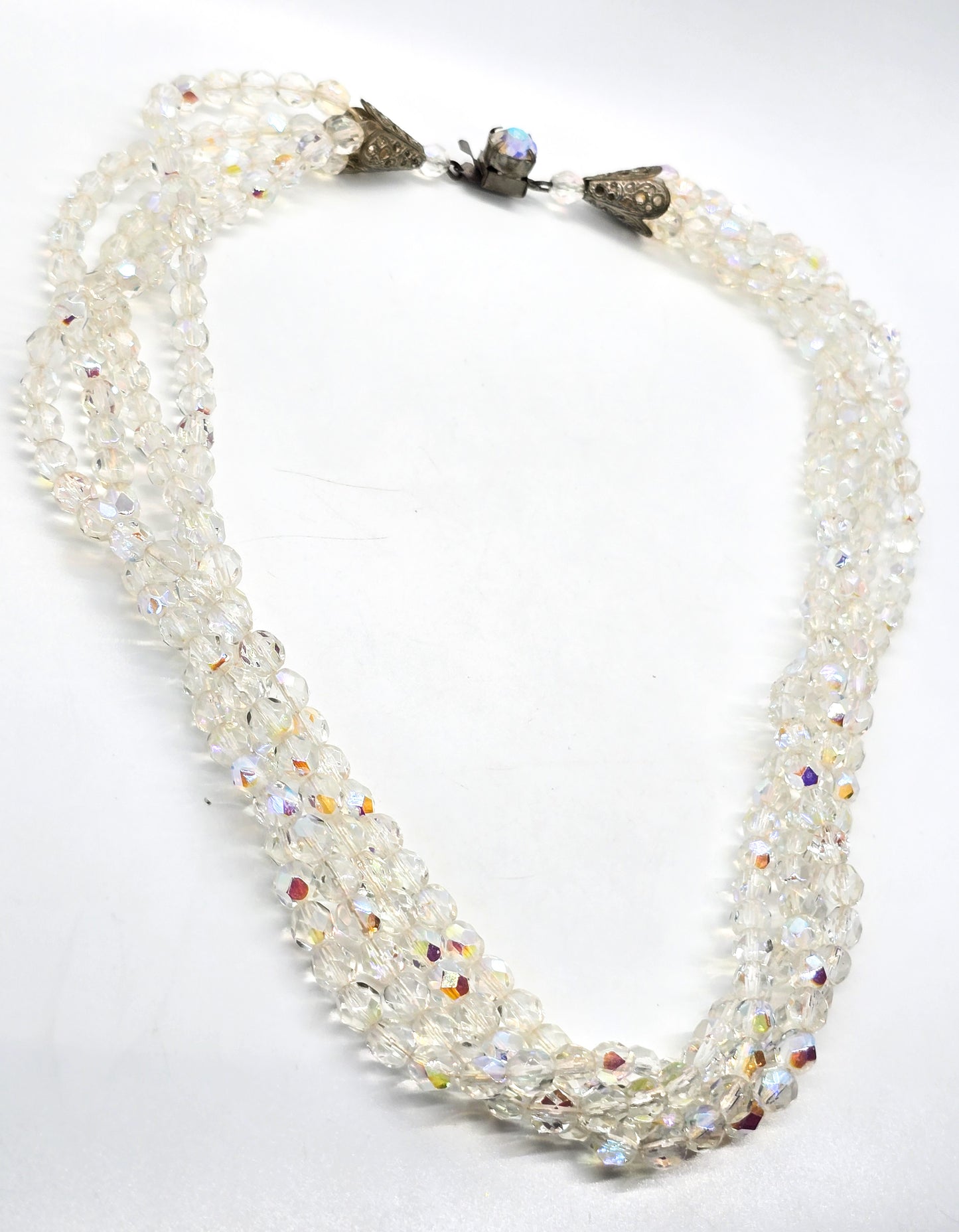 Austrian Crystal 4 strand twisted Aurora borealis rhinestone vintage necklace.