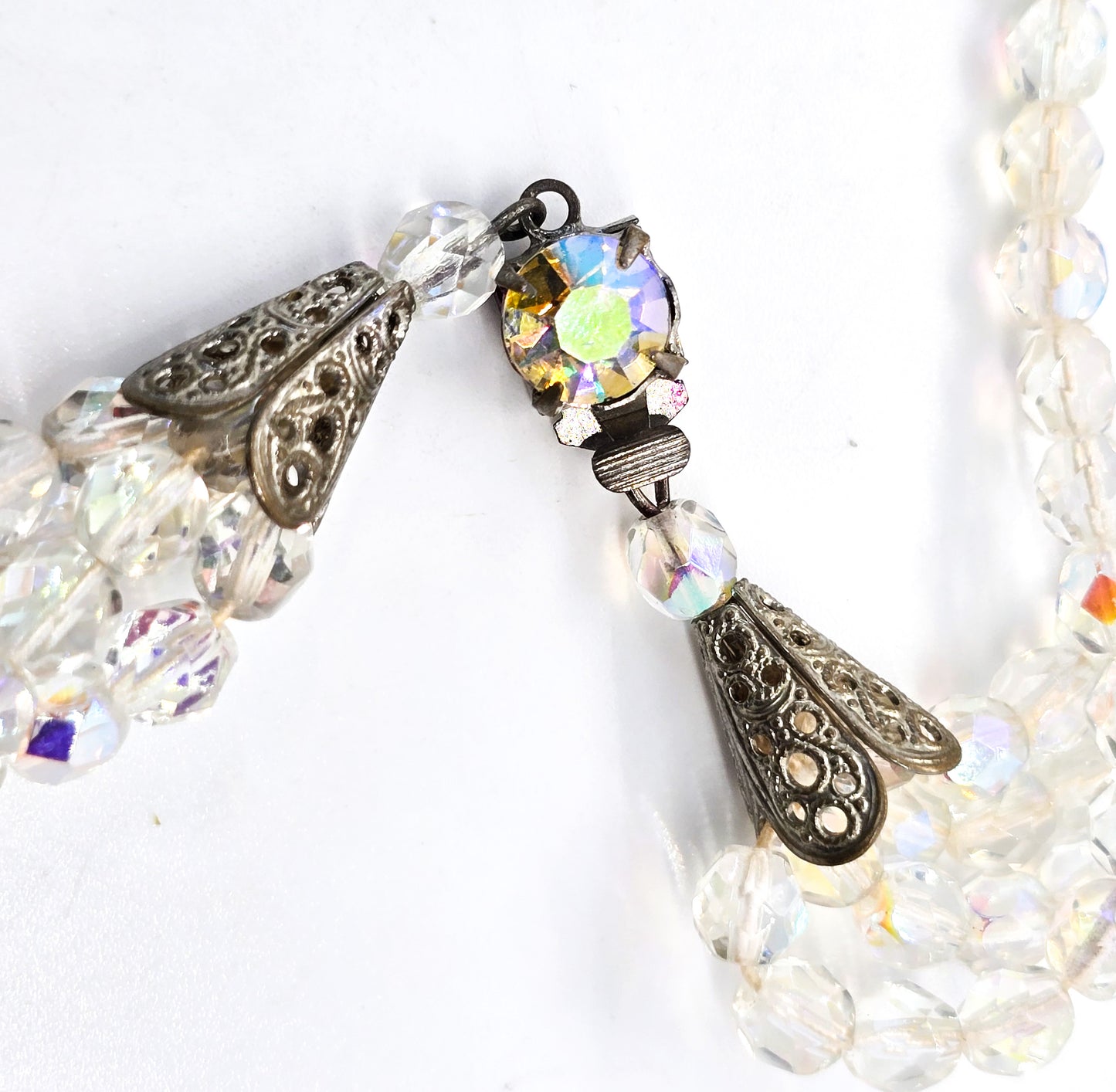 Austrian Crystal 4 strand twisted Aurora borealis rhinestone vintage necklace.