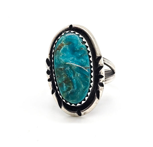 Kingman Turquoise Navajo signed vintage Native American sterling silver ring size 5.5