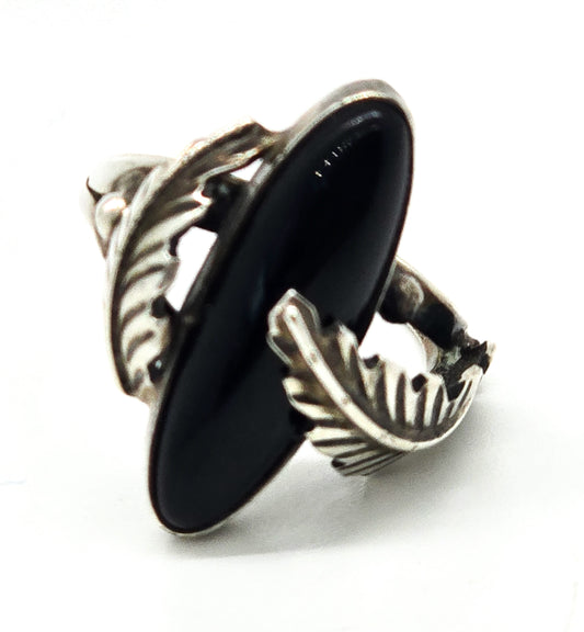 Navajo Black Onyx Feather RG sterling silver Native American vintage ring size 6.5