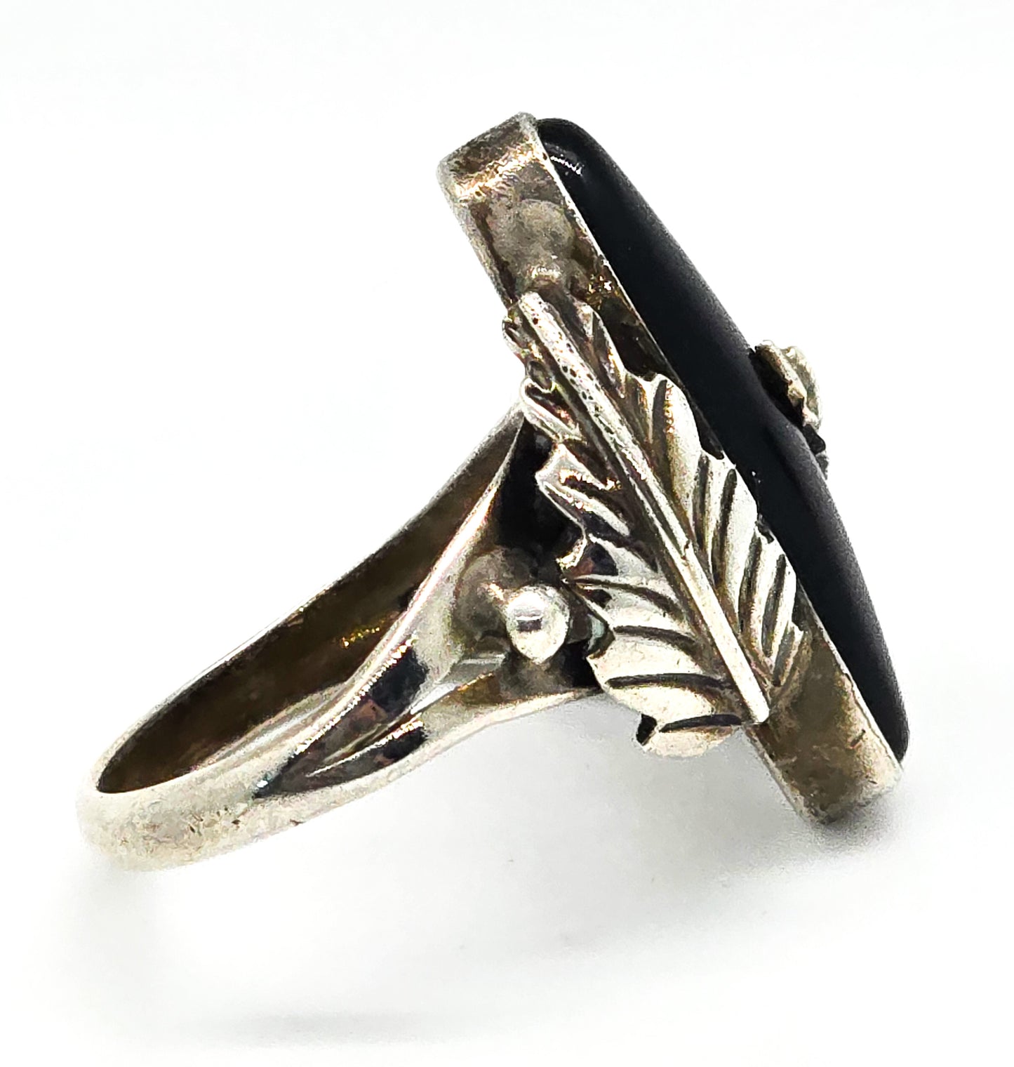 Navajo Black Onyx Feather RG sterling silver Native American vintage ring size 6.5