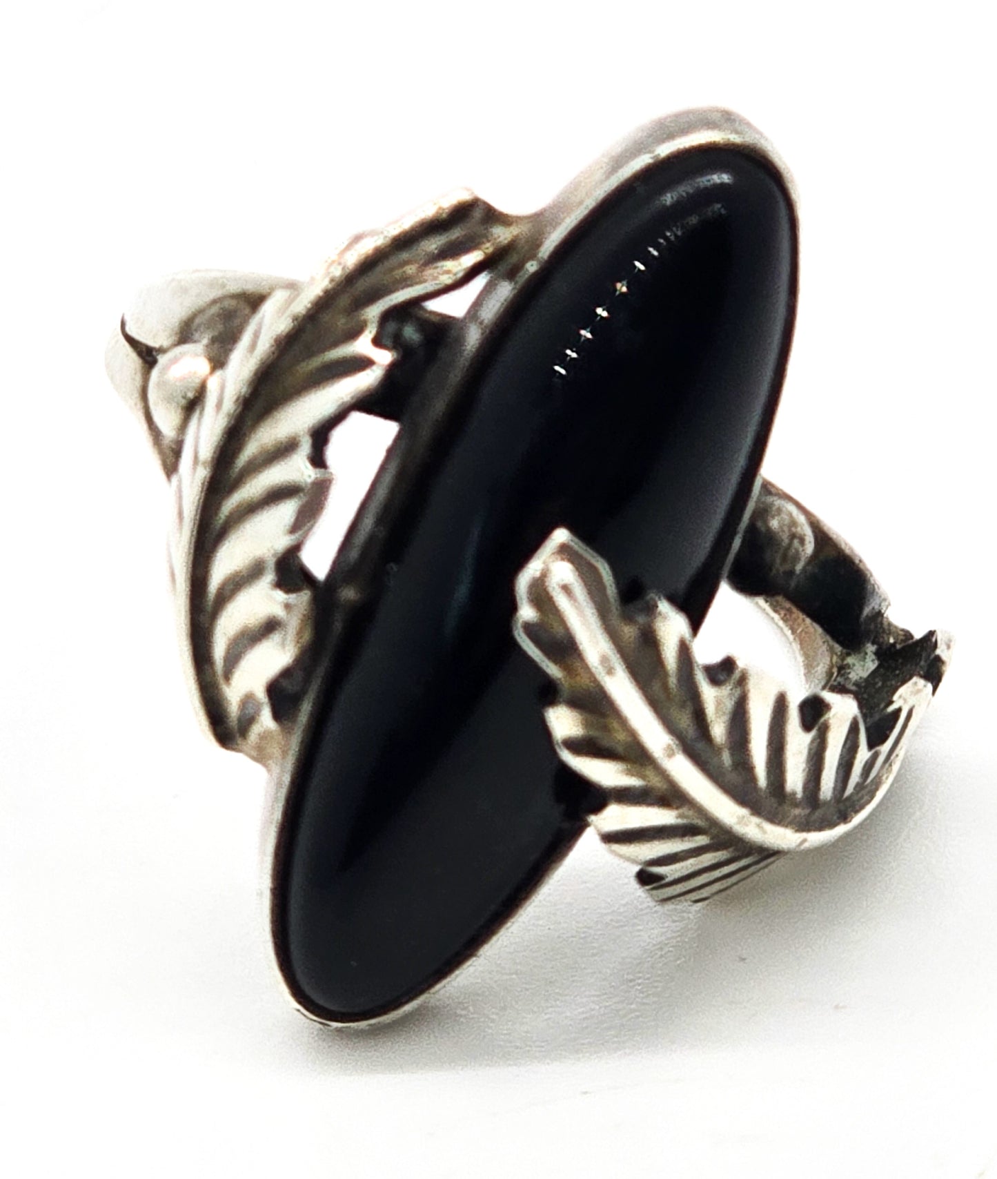 Navajo Black Onyx Feather RG sterling silver Native American vintage ring size 6.5