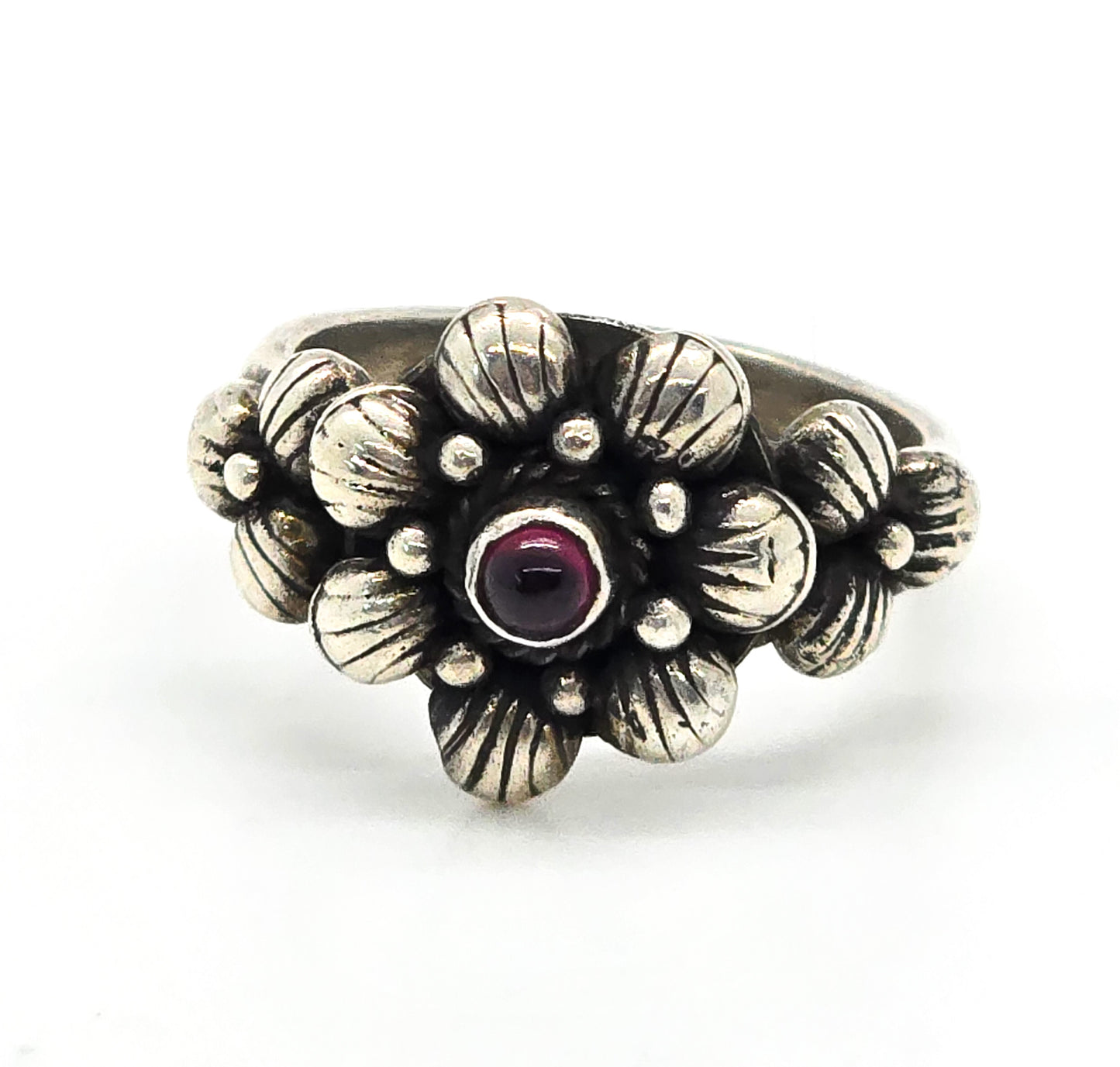 Garnet triple bubble flower vintage retro sterling silver ring size 7