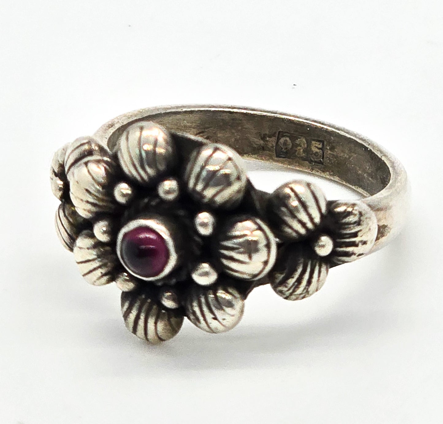 Garnet triple bubble flower vintage retro sterling silver ring size 7