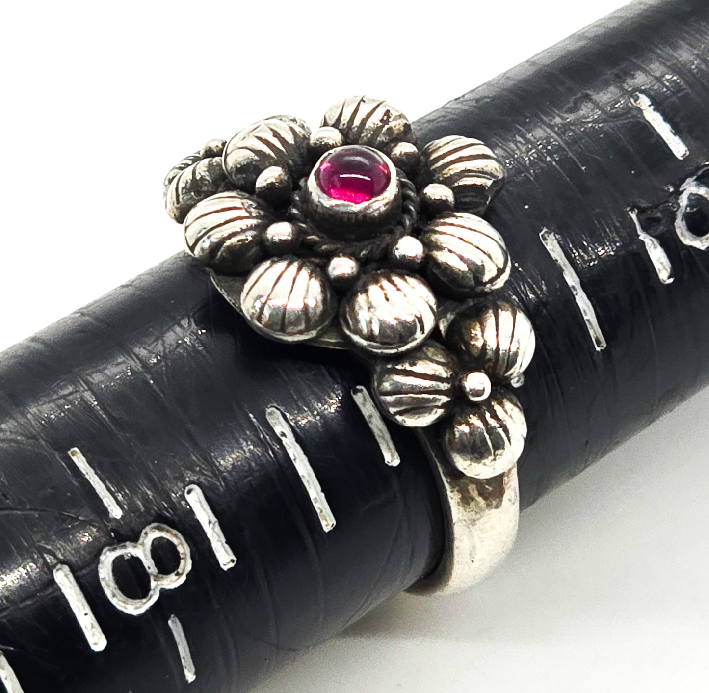 Garnet triple bubble flower vintage retro sterling silver ring size 7