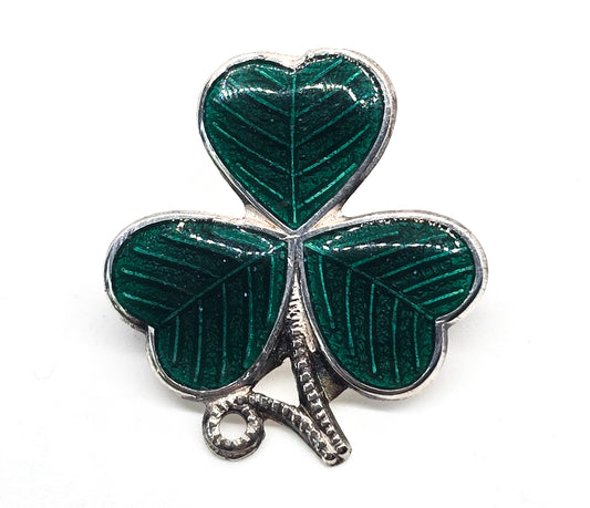 Clover Guilloche green enamel vintage Irish sterling silver brooch hallmarked