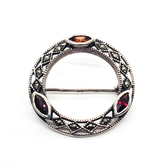 Garnet and marcasite vintage red gemstone and sterling silver circle infinity brooch