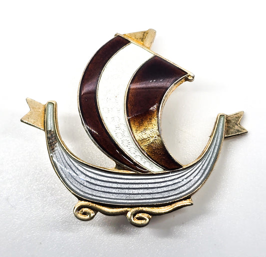 Viking ship Guilloche Aksel Holmsen Norway Sterling Silver Enameled brooch CHIPPED