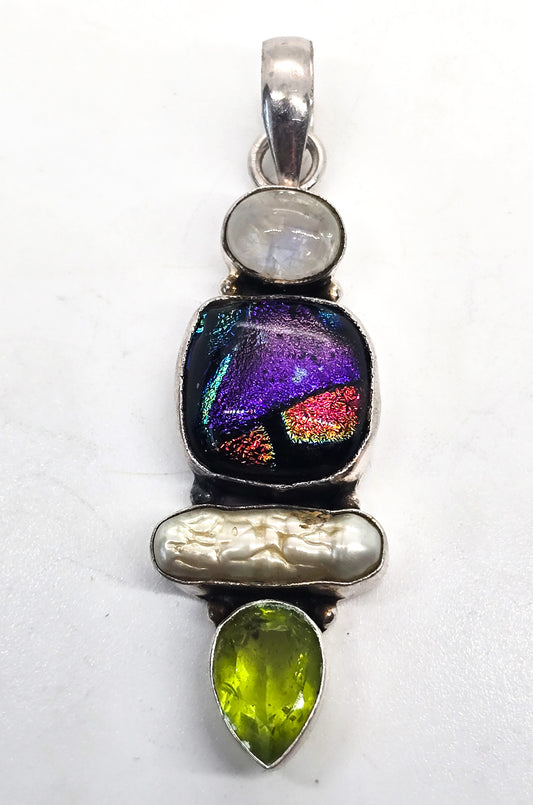 Blue moonstone dichroic glass pearl and synthetic peridot sterling silver pendant