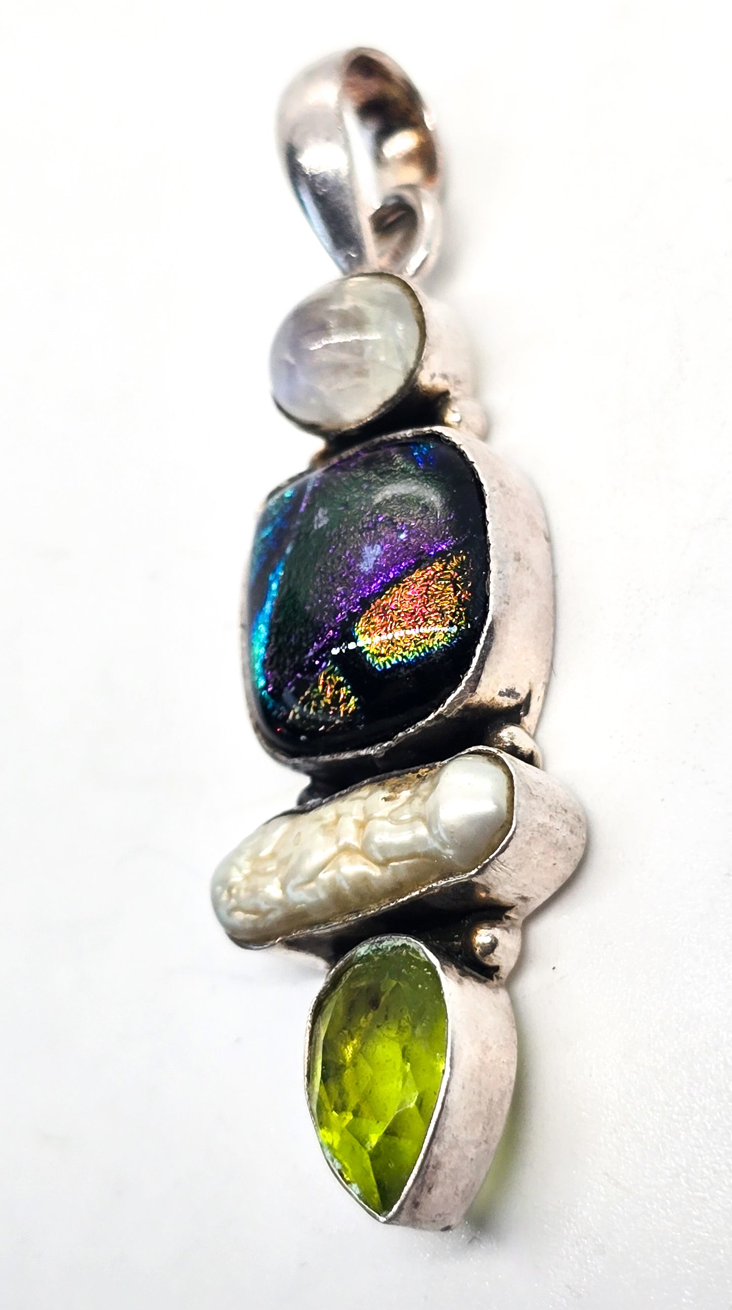 Blue moonstone dichroic glass pearl and synthetic peridot sterling silver pendant