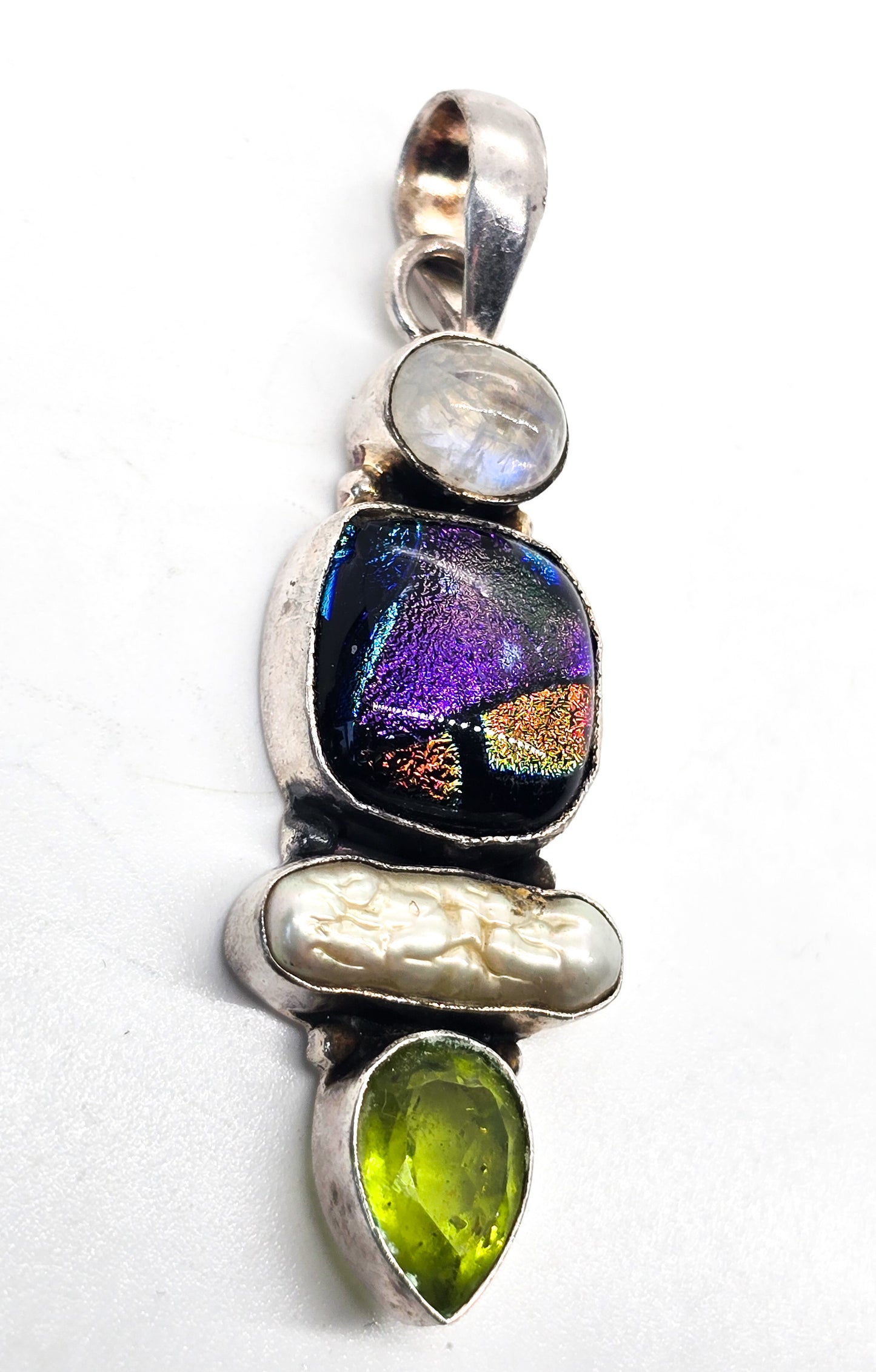 Blue moonstone dichroic glass pearl and synthetic peridot sterling silver pendant