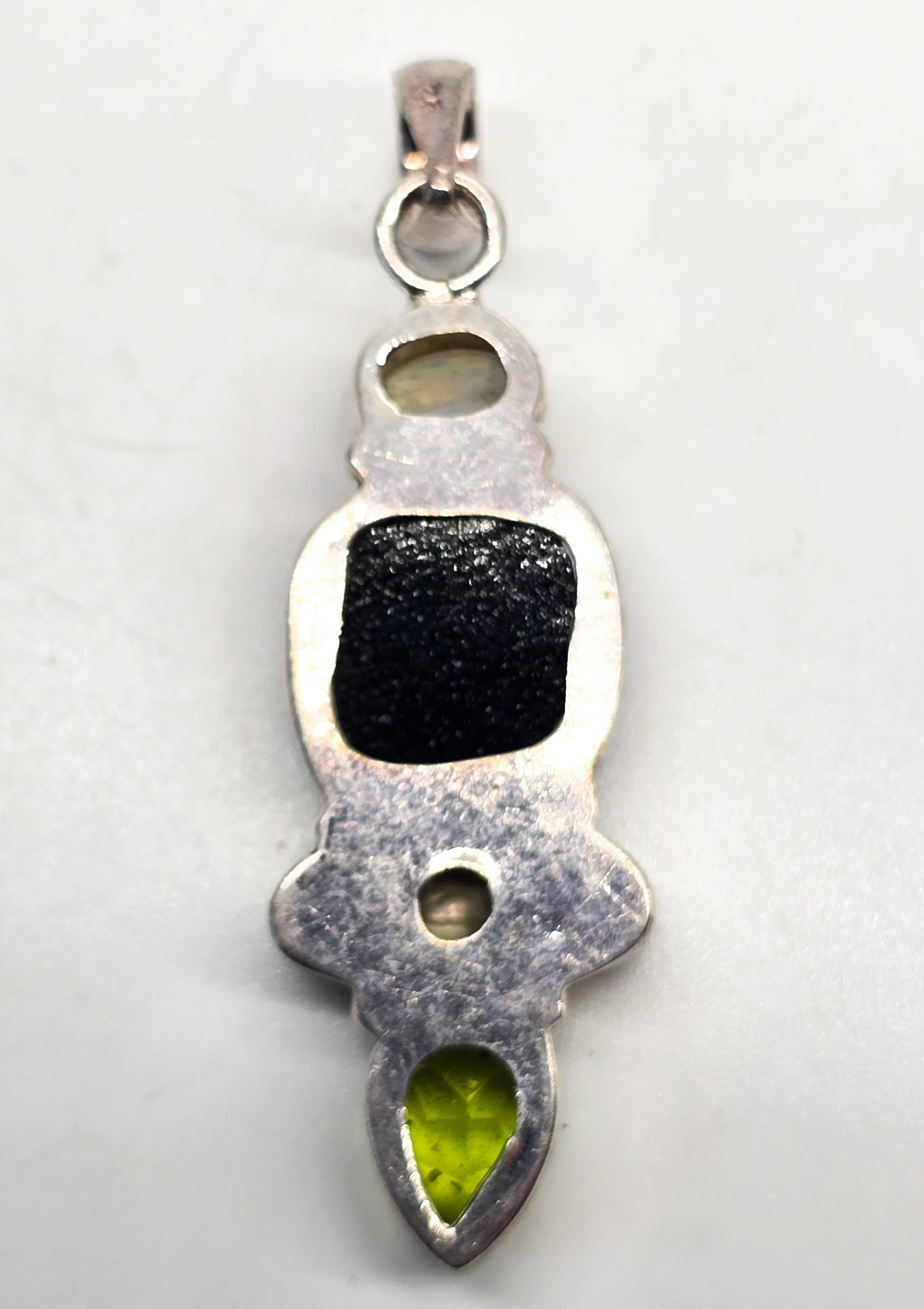 Blue moonstone dichroic glass pearl and synthetic peridot sterling silver pendant