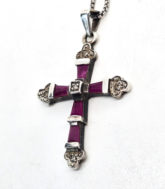 Pink & white lab created sapphire NF sterling silver gemstone cross pendant necklace