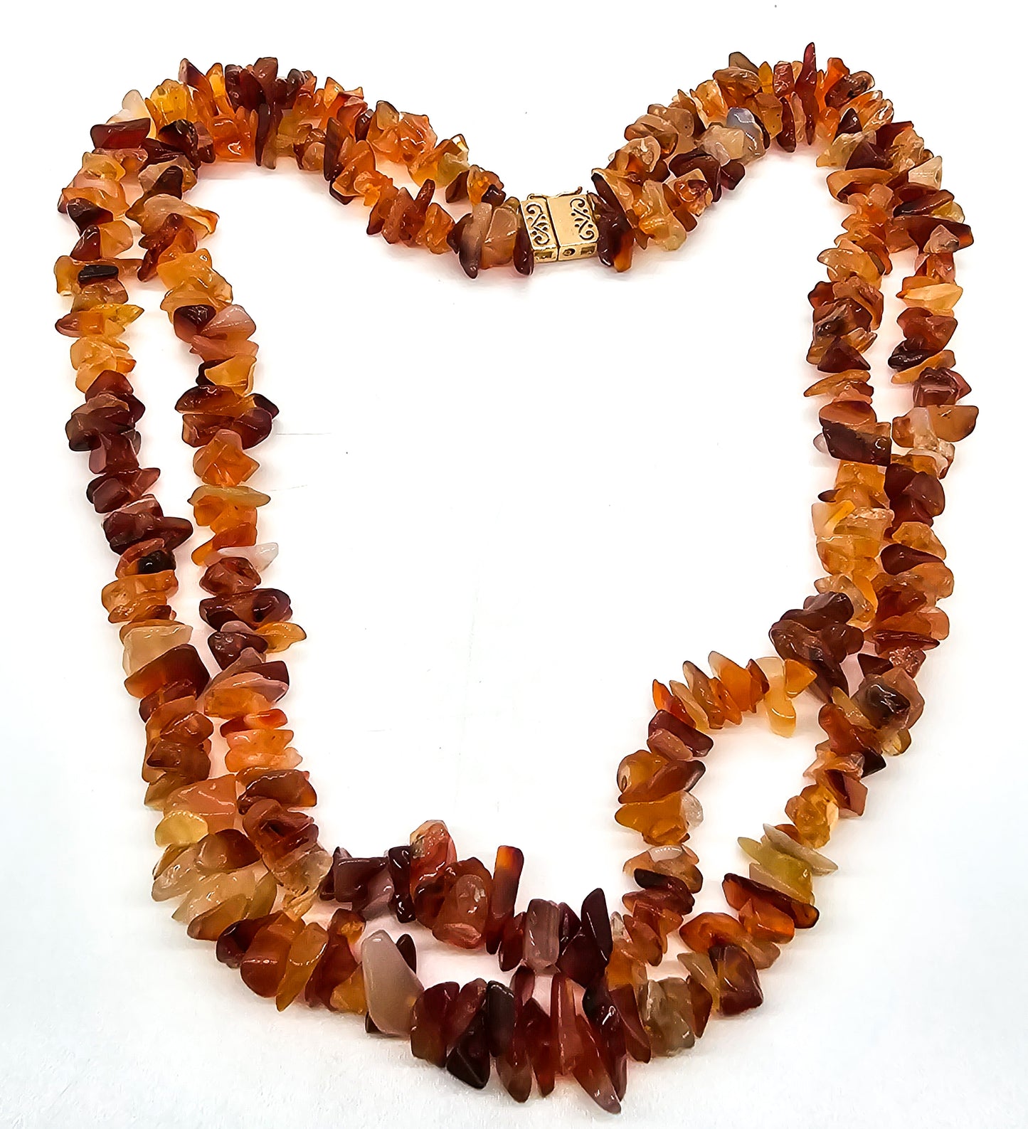 Carnelian chip beaded double strand graduated gold over sterling silver necklace signed R