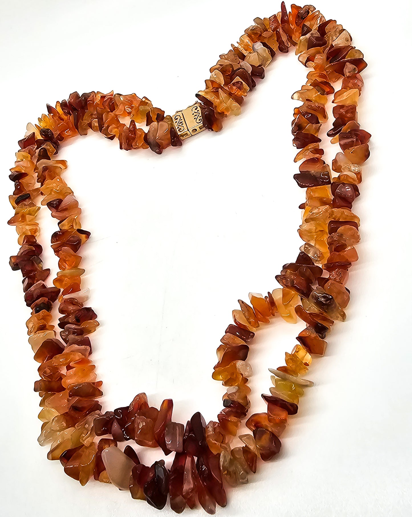 Carnelian chip beaded double strand graduated gold over sterling silver necklace signed R