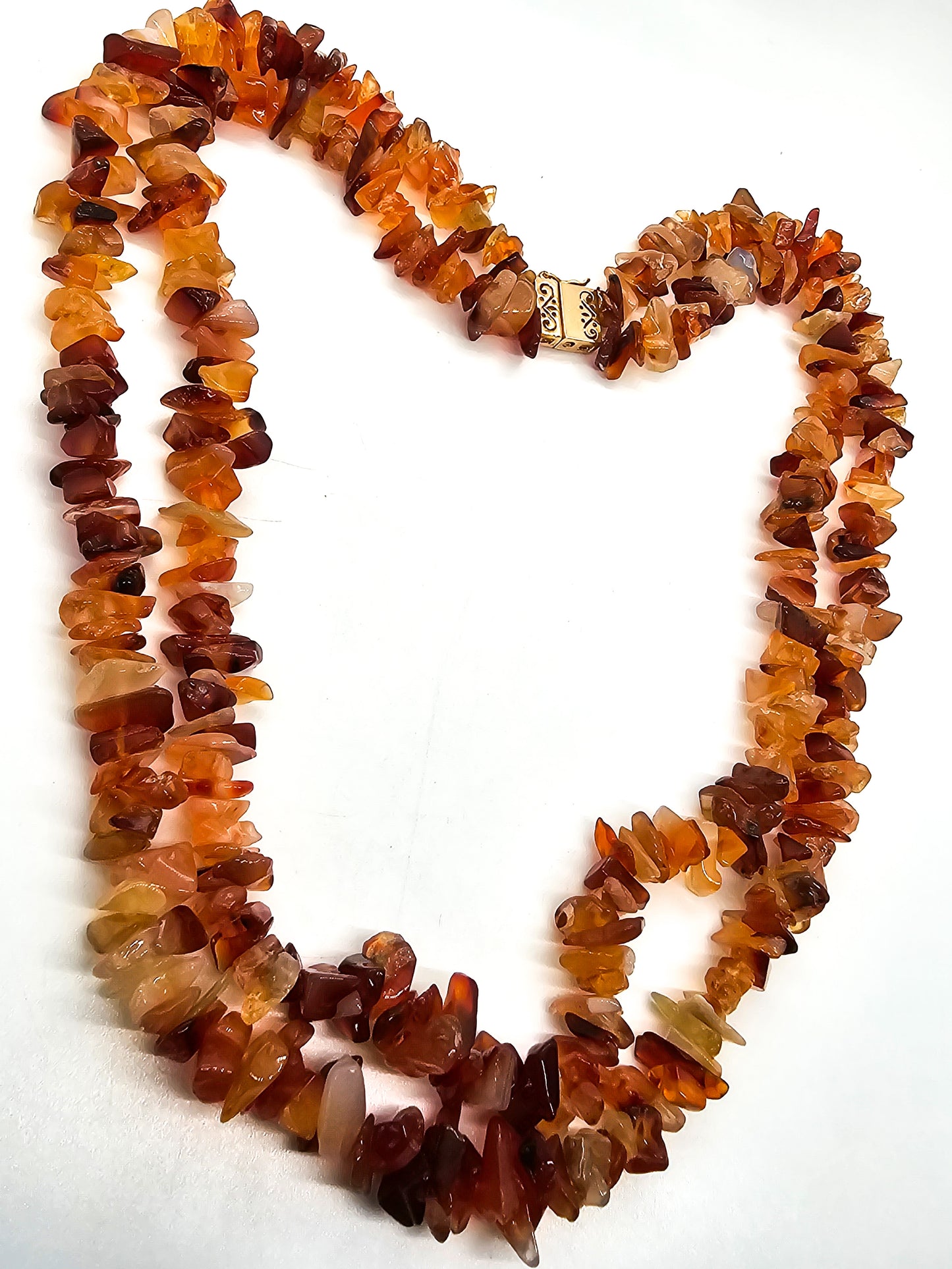 Carnelian chip beaded double strand graduated gold over sterling silver necklace signed R