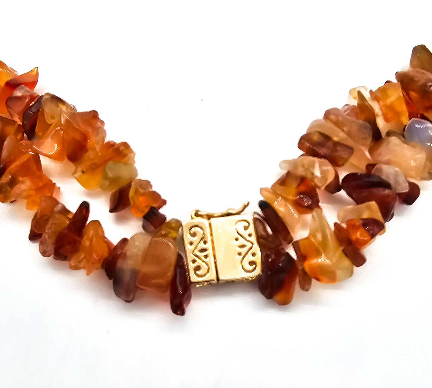 Carnelian chip beaded double strand graduated gold over sterling silver necklace signed R