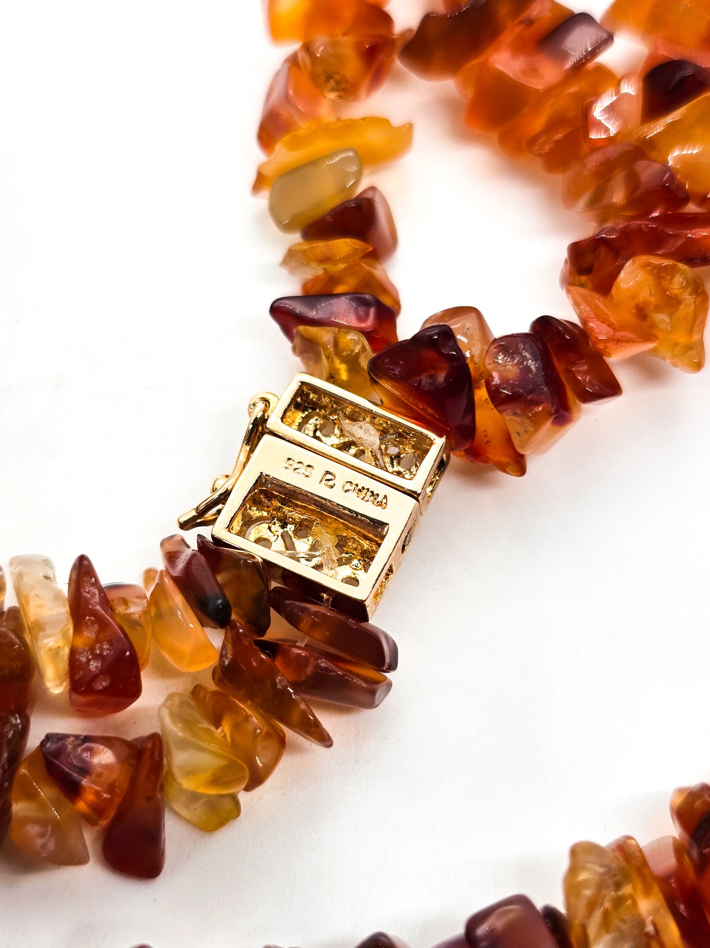 Carnelian chip beaded double strand graduated gold over sterling silver necklace signed R