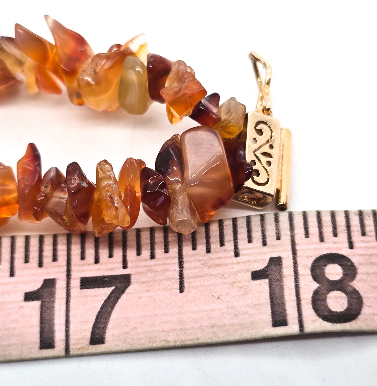 Carnelian chip beaded double strand graduated gold over sterling silver necklace signed R