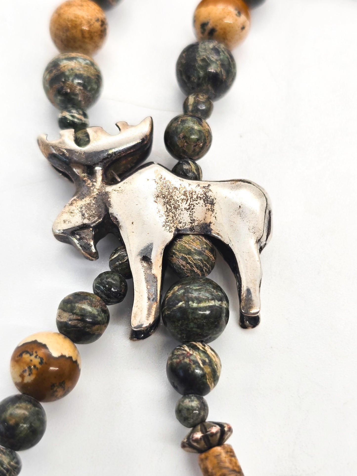 Native American Moose sterling silver Jasper beaded vintage Y necklace