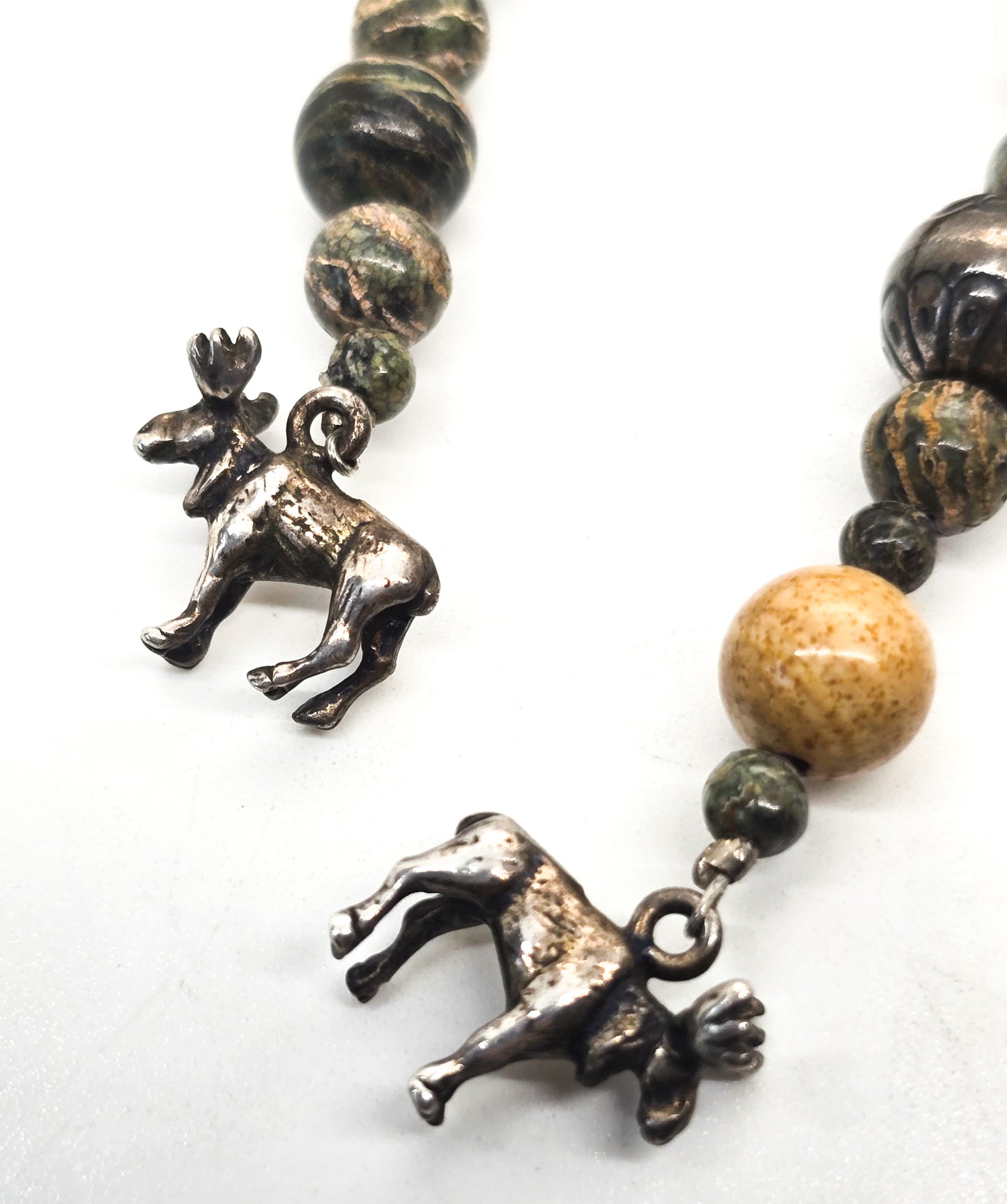 Native American Moose sterling silver Jasper beaded vintage Y necklace