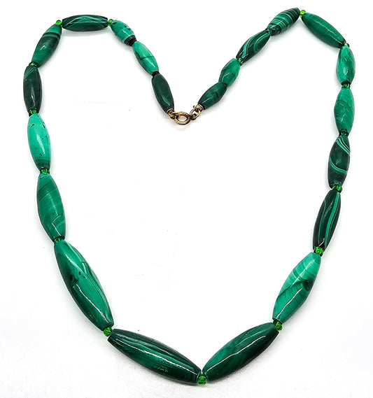 Malachite oblong elongated beaded 12k golf filled vintage gemstone necklace