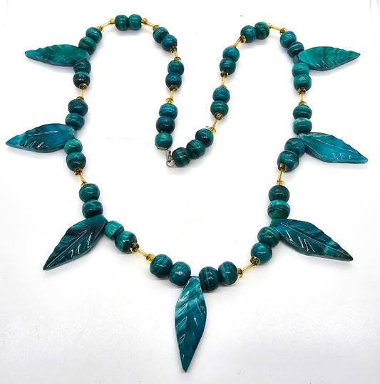 Malachite Chrysocolla beaded leaf 8mm hand crafted artisan vintage necklace